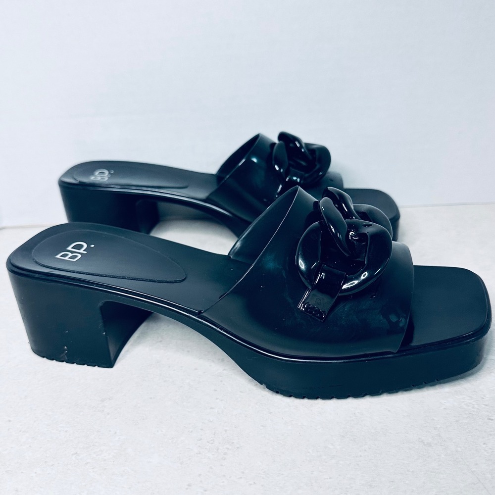 BP‎ Black Jelly Platform Slide Sandals Chain Link Block Heel Square Toe  9M - Picture 2 of 6